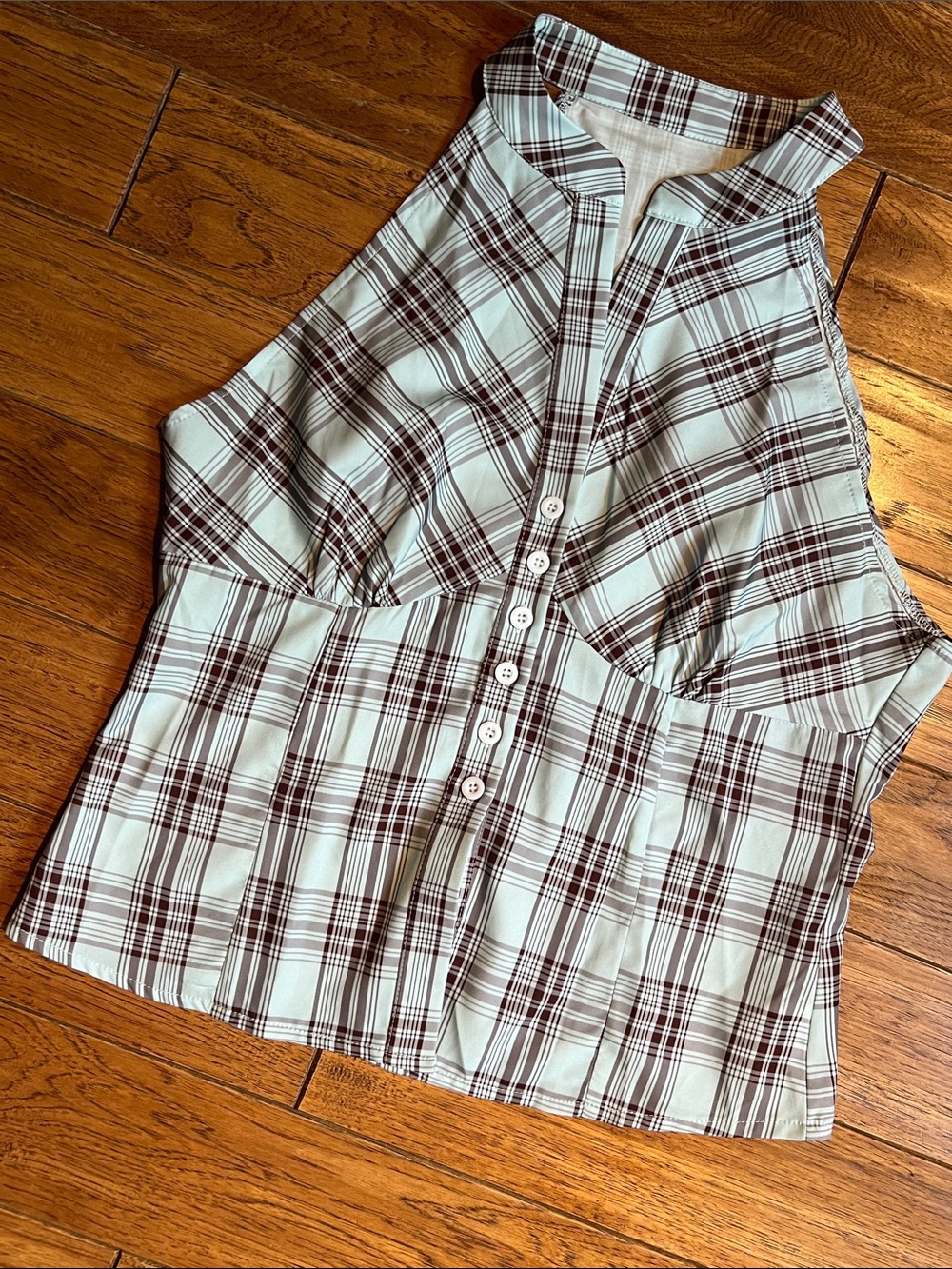 Plaid Button-Front Sleeveless Top in Light Blue and Brown
